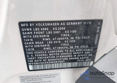 2013 Volkswagen Tiguan Se z USA, uszkodzony, nr VIN WVGBV3AXXDW057537